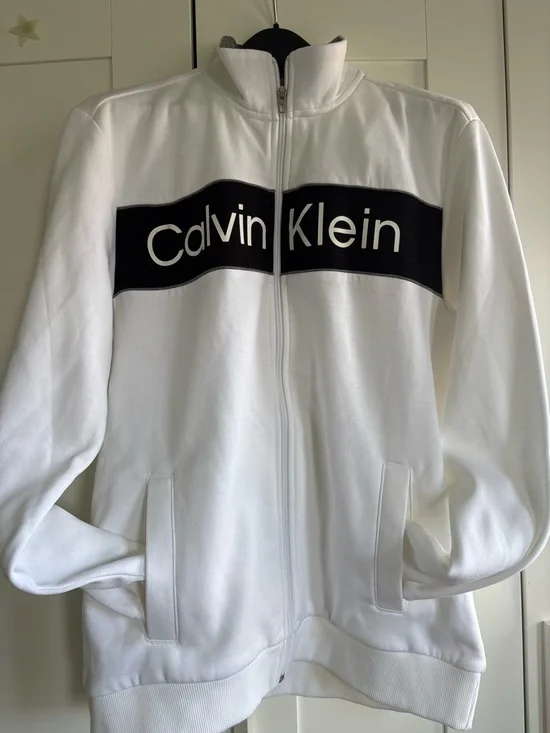 Calvin Klein Men’s White Zip-Up Jacket with Black Logo Panel, Large - Picture 1 of 9